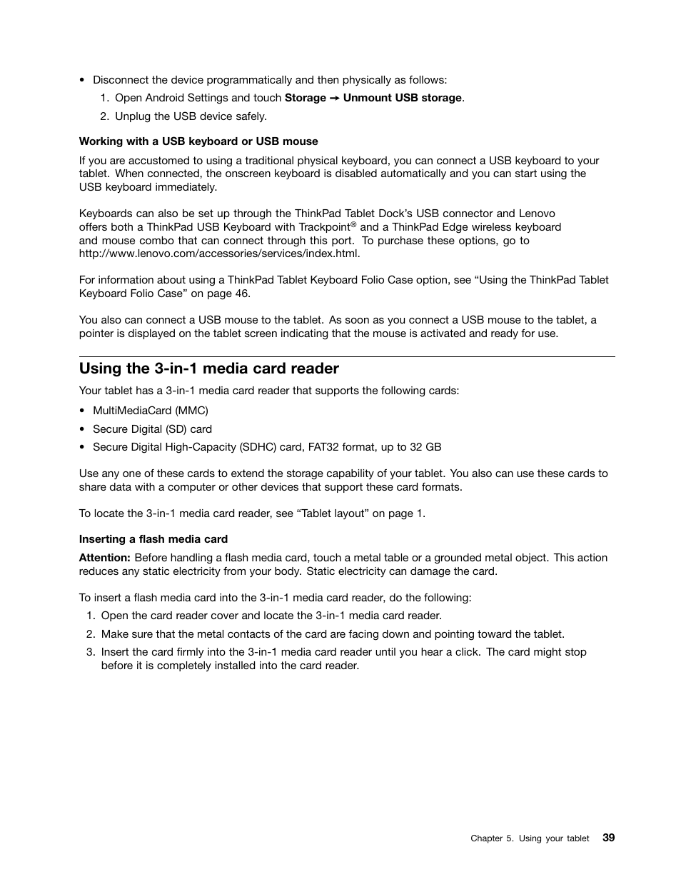 Using the 3-in-1 media card reader | Lenovo ThinkPad Tablet User Manual | Page 47 / 100