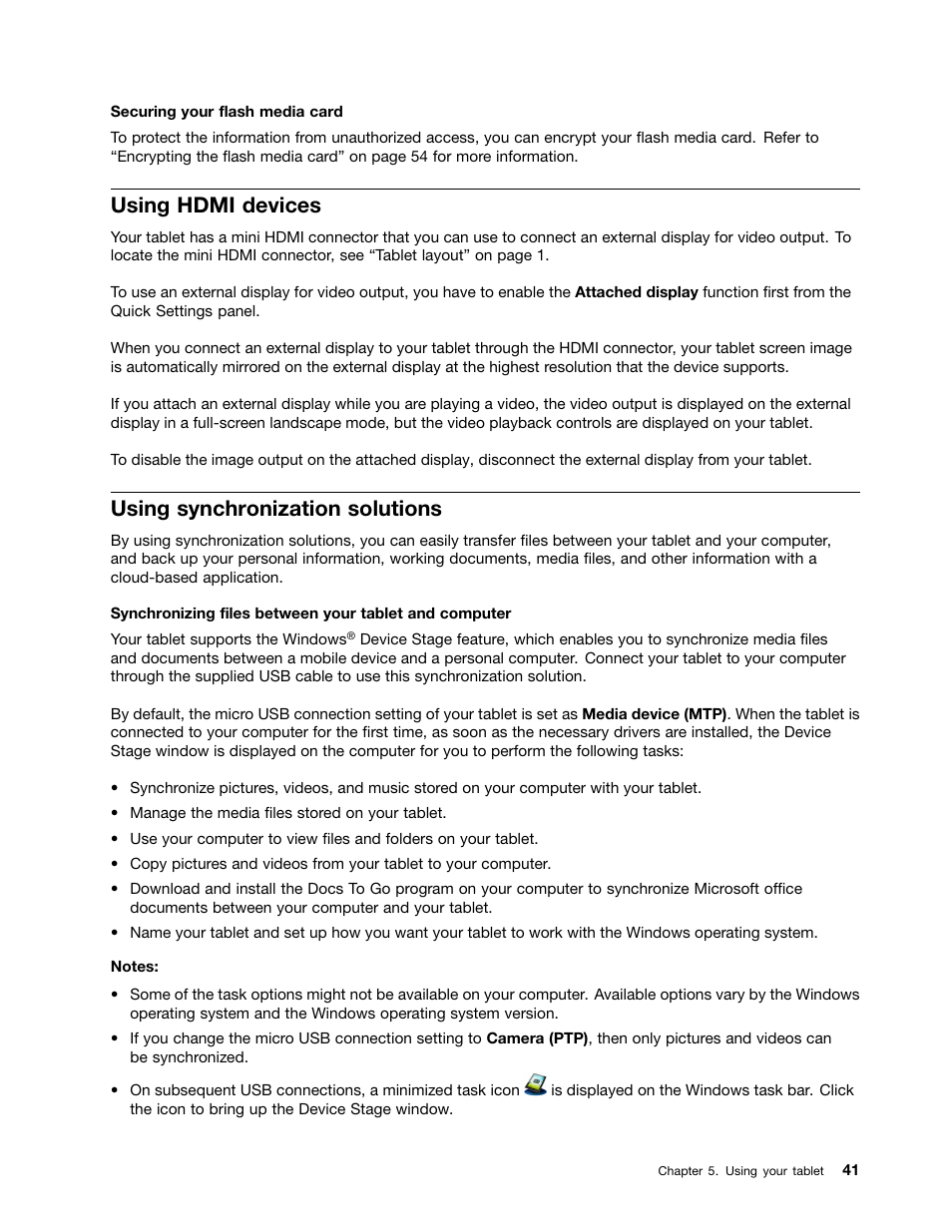 Using hdmi devices, Using synchronization solutions | Lenovo ThinkPad Tablet User Manual | Page 49 / 100