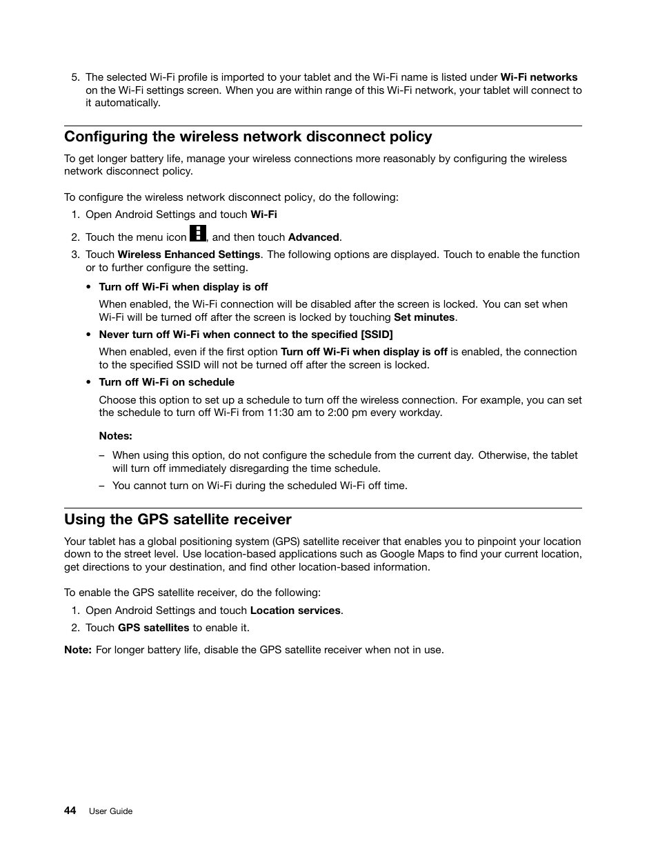 Configuring the wireless network disconnect policy, Using the gps satellite receiver | Lenovo ThinkPad Tablet User Manual | Page 52 / 100