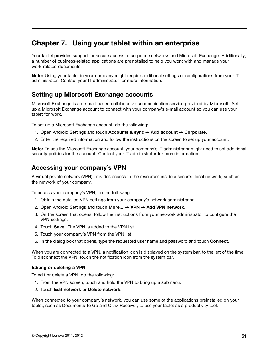 Chapter 7. using your tablet within an enterprise, Setting up microsoft exchange accounts, Accessing your company’s vpn | Lenovo ThinkPad Tablet User Manual | Page 59 / 100