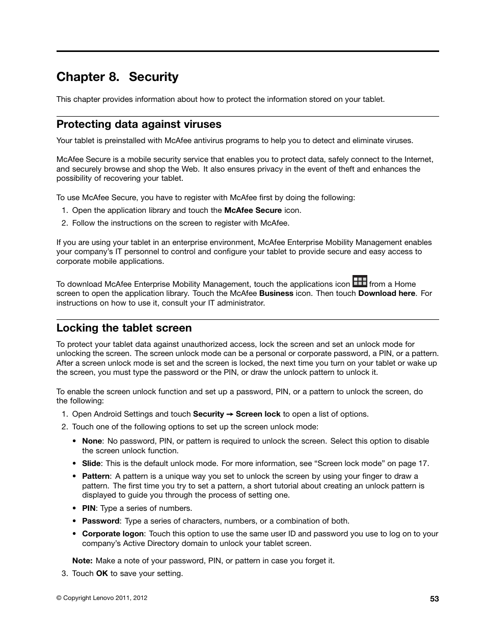 Chapter 8. security, Protecting data against viruses, Locking the tablet screen | Lenovo ThinkPad Tablet User Manual | Page 61 / 100