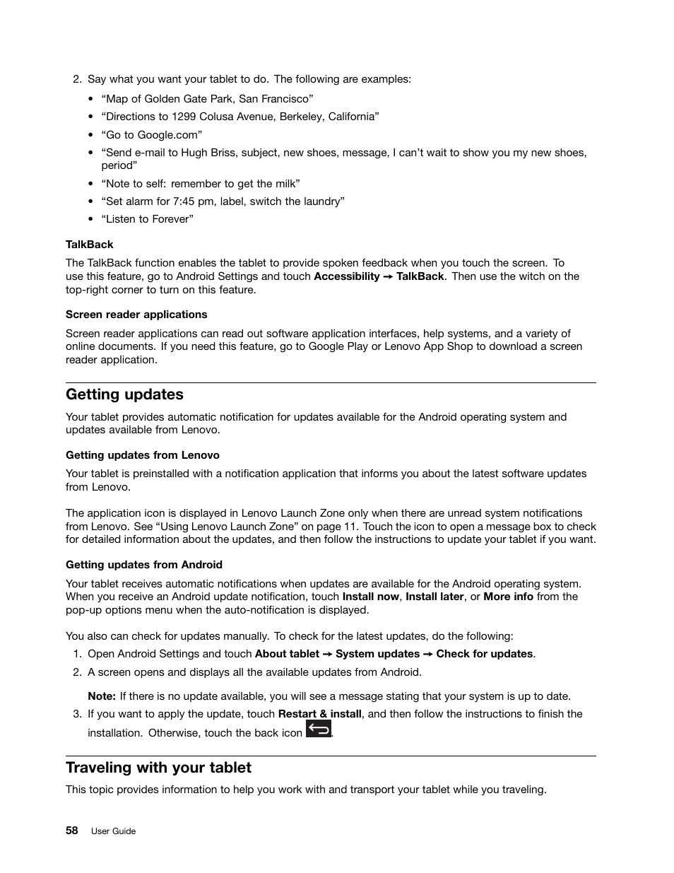 Getting updates, Traveling with your tablet | Lenovo ThinkPad Tablet User Manual | Page 66 / 100