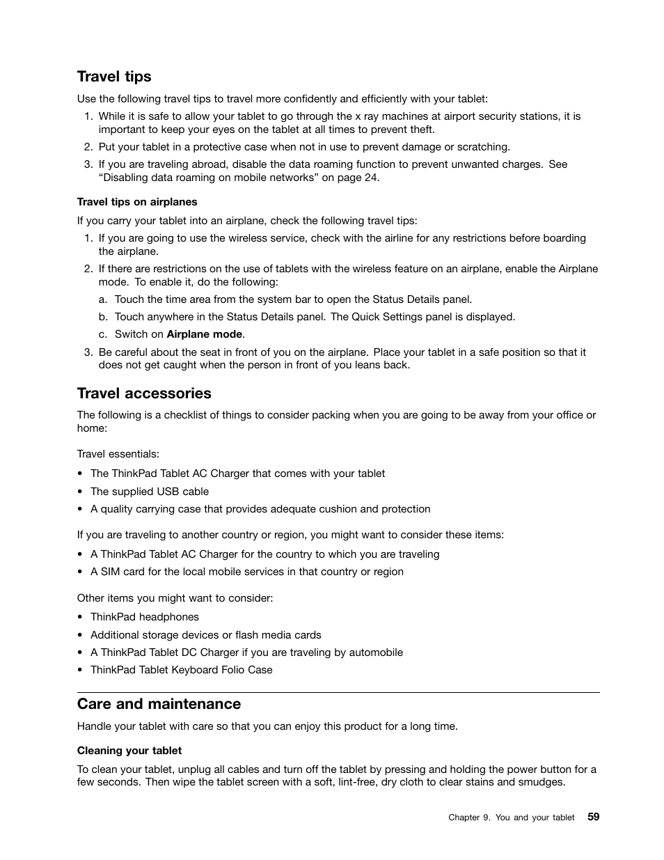 Travel tips, Travel accessories, Care and maintenance | Lenovo ThinkPad Tablet User Manual | Page 67 / 100