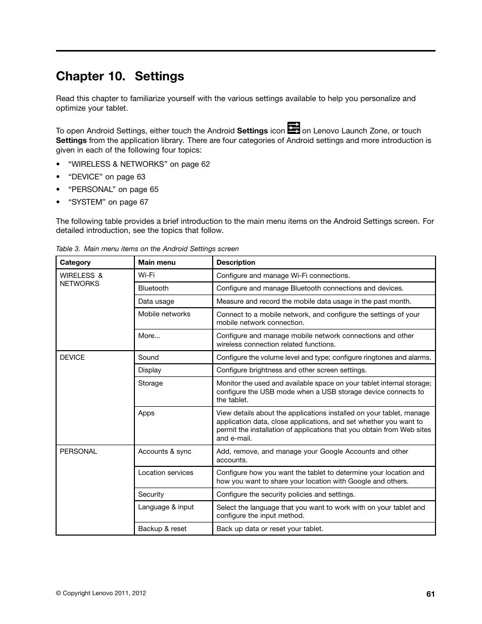 Chapter 10. settings | Lenovo ThinkPad Tablet User Manual | Page 69 / 100