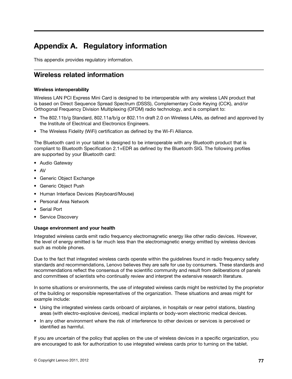 Appendix a. regulatory information, Wireless related information | Lenovo ThinkPad Tablet User Manual | Page 85 / 100