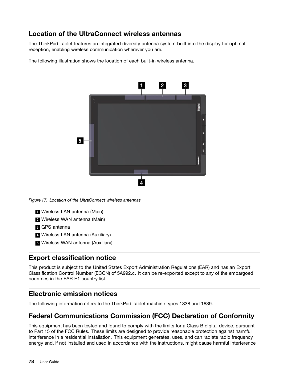 Location of the ultraconnect wireless antennas, Export classification notice, Electronic emission notices | Lenovo ThinkPad Tablet User Manual | Page 86 / 100