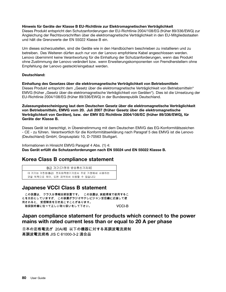Korea class b compliance statement, Japanese vcci class b statement | Lenovo ThinkPad Tablet User Manual | Page 88 / 100