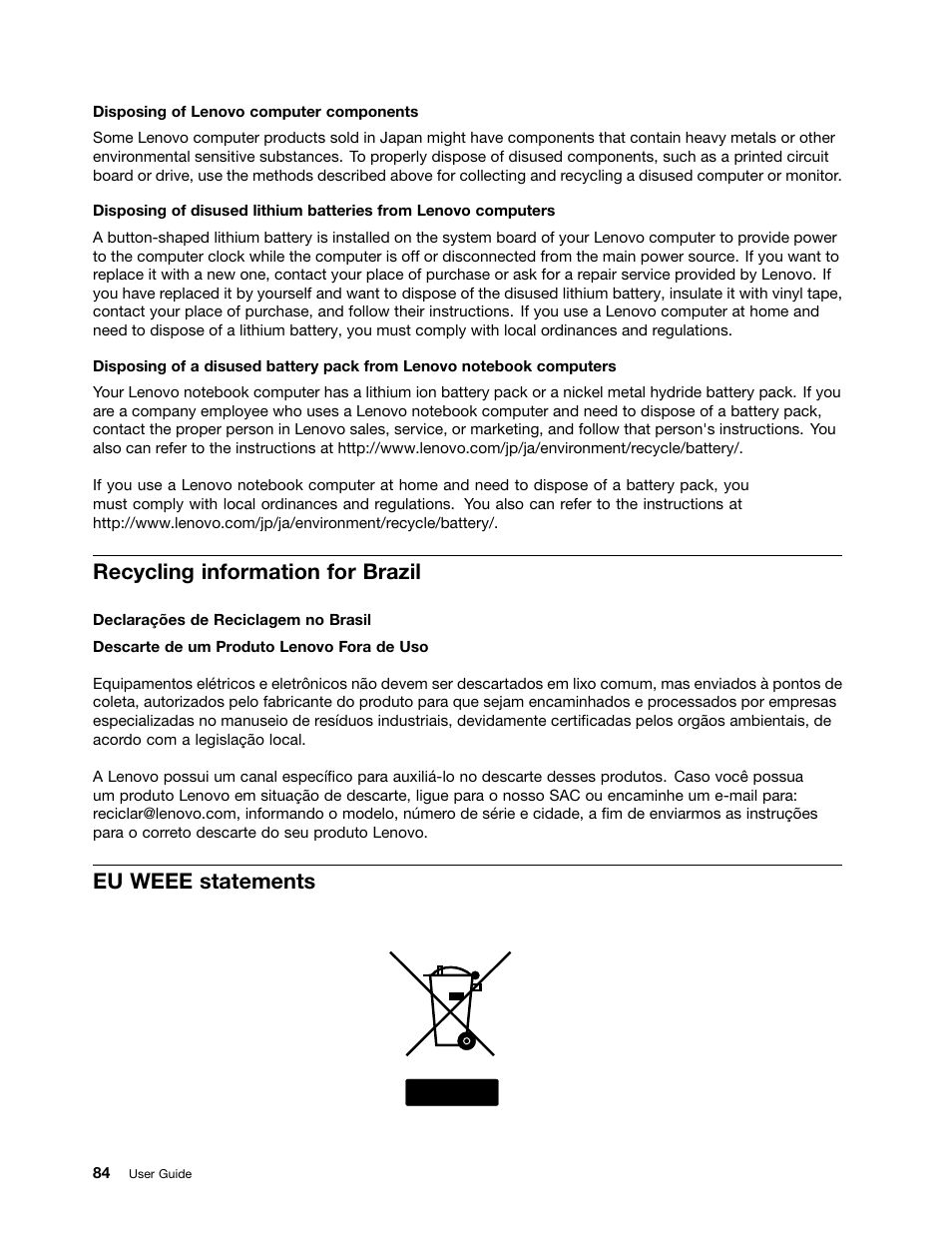 Recycling information for brazil, Eu weee statements | Lenovo ThinkPad Tablet User Manual | Page 92 / 100