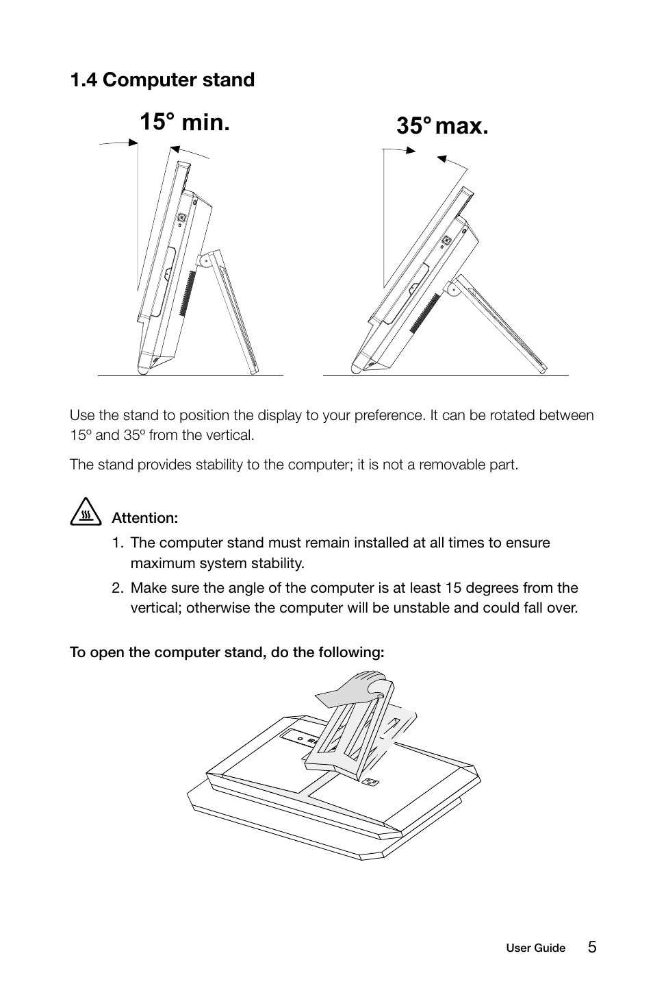 4 computer stand, 15° min. 35° max | Lenovo IdeaCentre B510 User Manual | Page 10 / 55