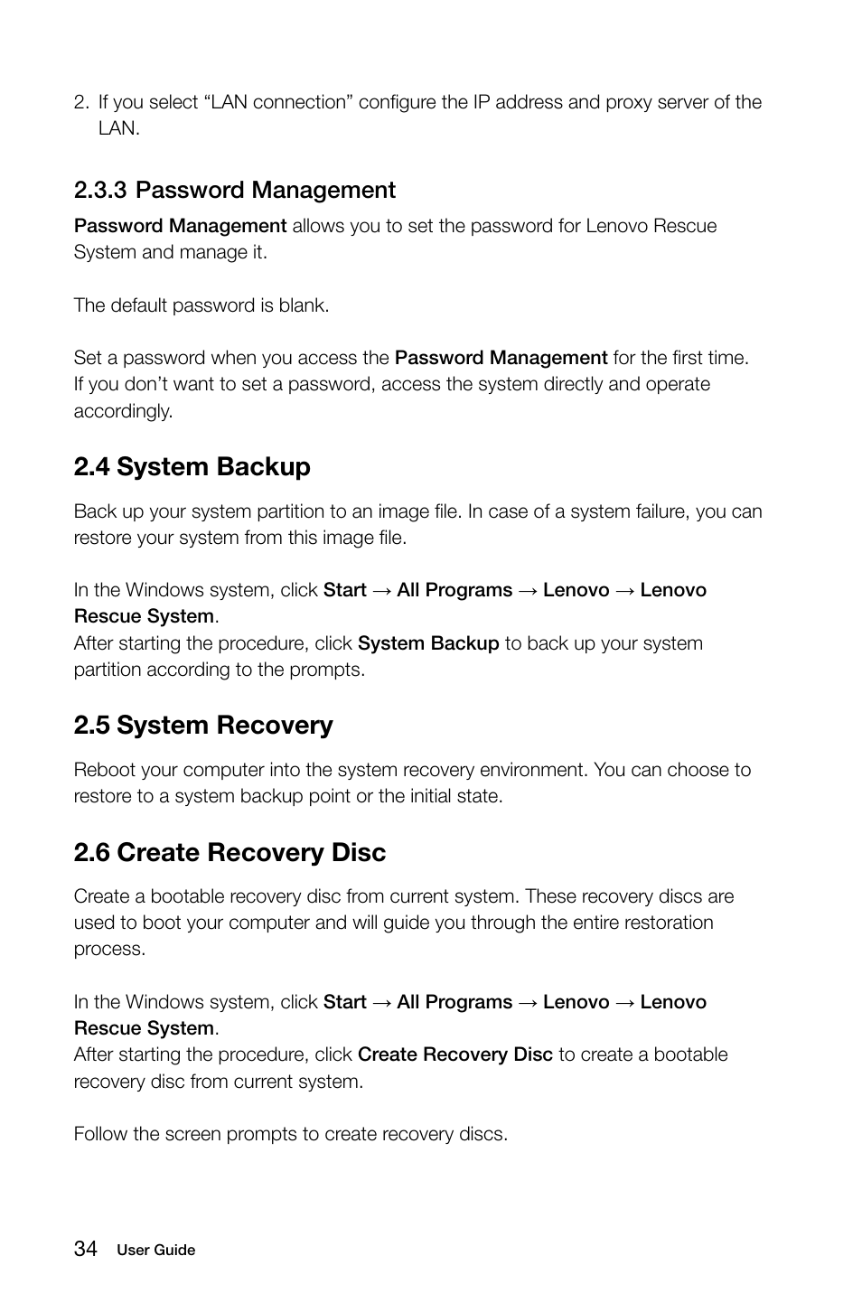 4 system backup, 5 system recovery, 6 create recovery disc | 3 password management | Lenovo IdeaCentre B510 User Manual | Page 39 / 55