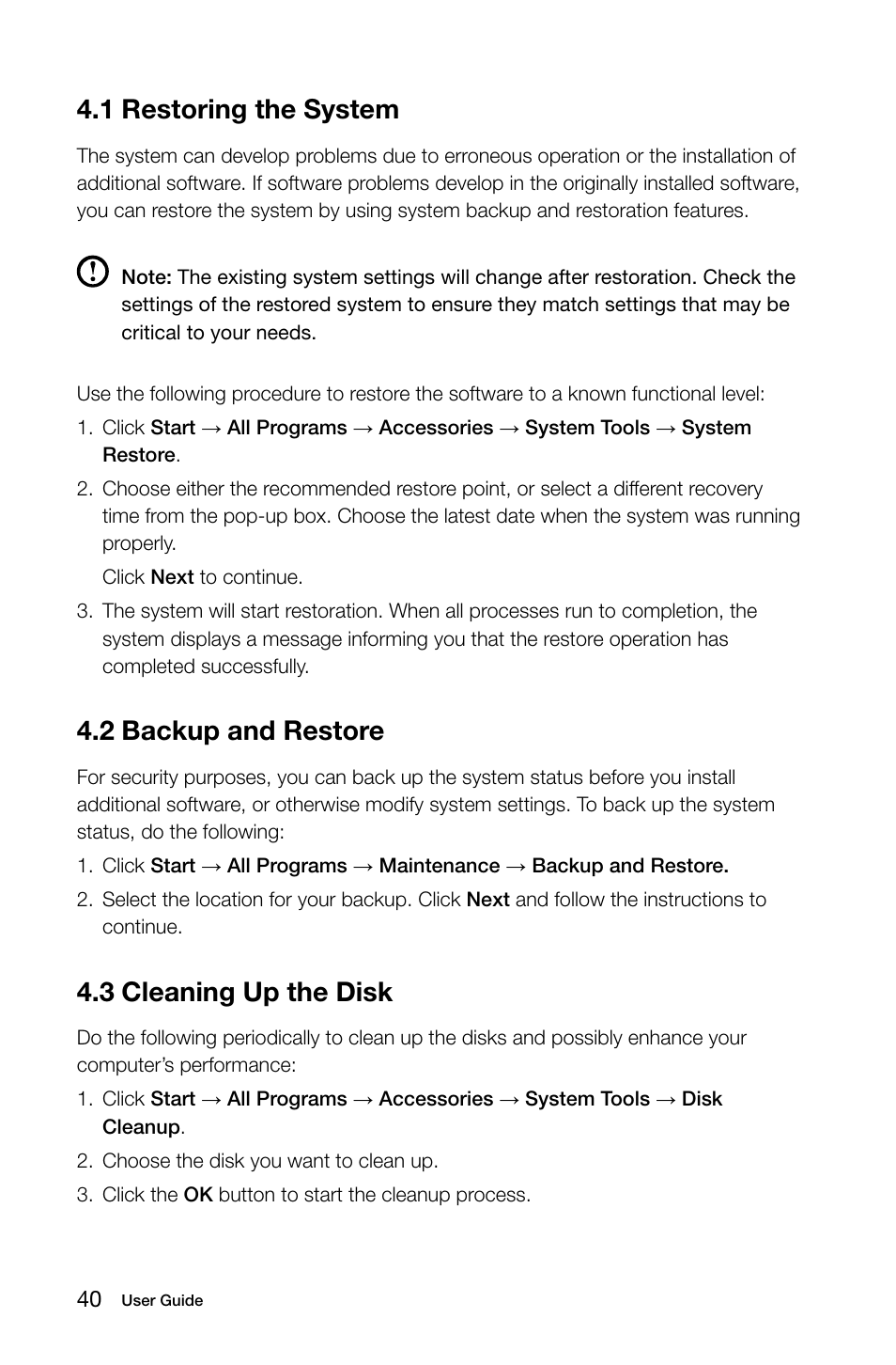 1 restoring the system, 2 backup and restore, 3 cleaning up the disk | Lenovo IdeaCentre B510 User Manual | Page 45 / 55