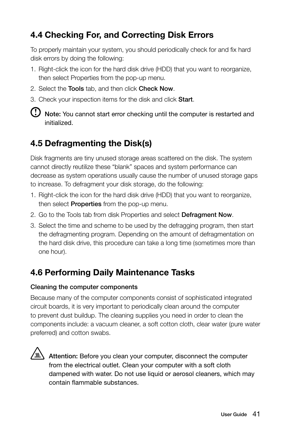 4 checking for, and correcting disk errors, 5 defragmenting the disk(s), 6 performing daily maintenance tasks | Lenovo IdeaCentre B510 User Manual | Page 46 / 55