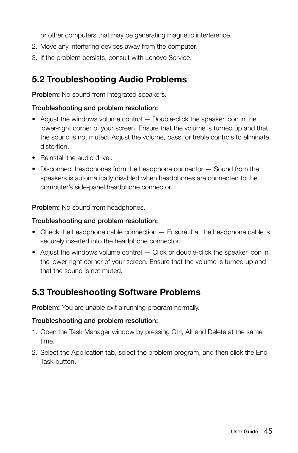 2 troubleshooting audio problems, 3 troubleshooting software problems | Lenovo IdeaCentre B510 User Manual | Page 50 / 55