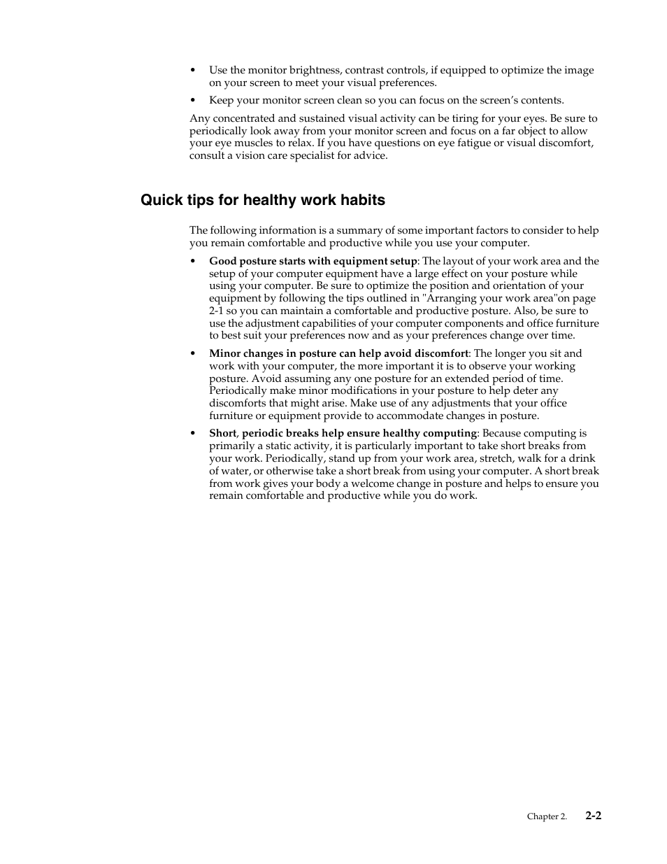 Quick tips for healthy work habits, Quick tips for healthy work habits -2 | Lenovo LI2721s Wide Flat Panel Monitor User Manual | Page 13 / 32