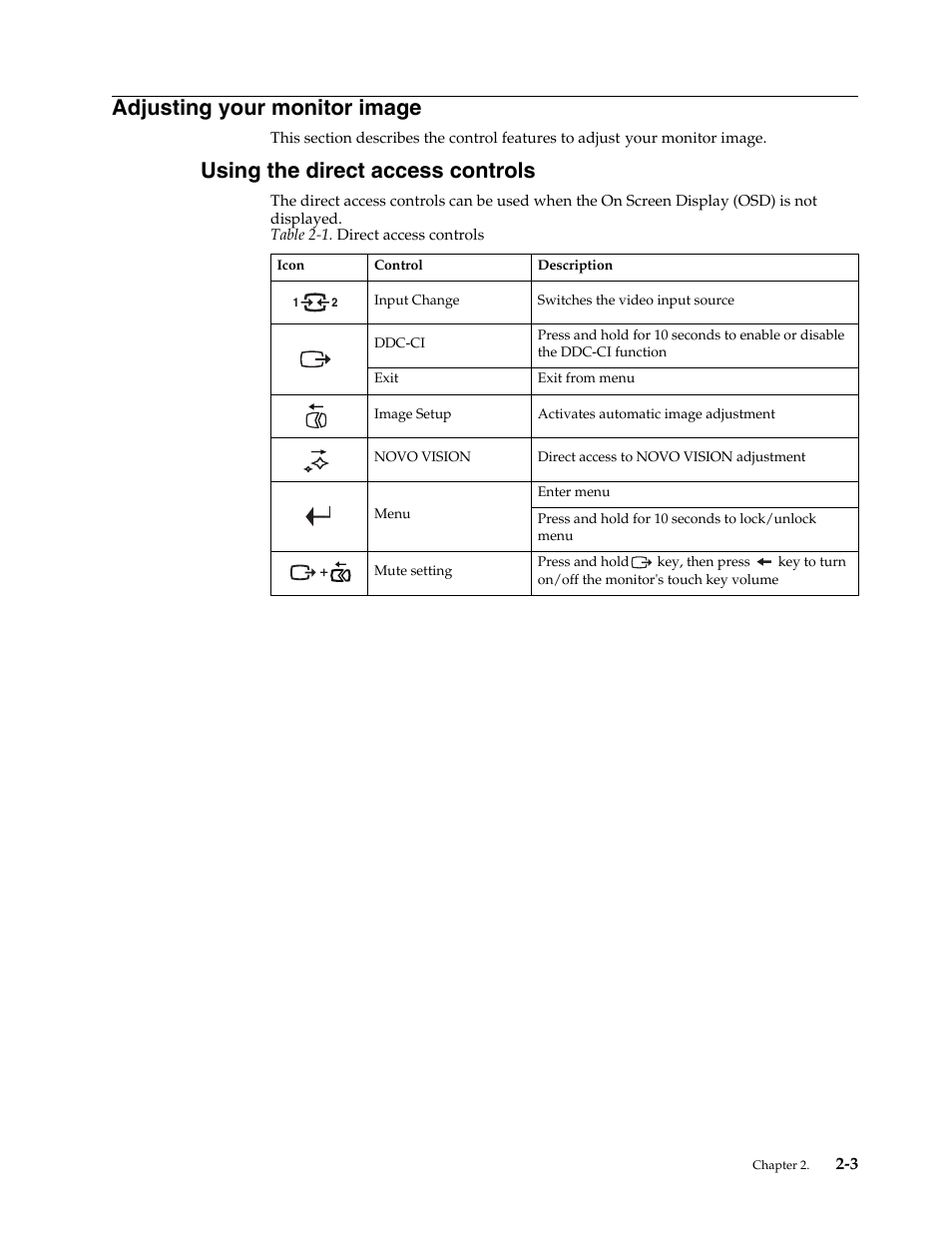 Adjusting your monitor image, Using the direct access controls, Adjusting your monitor image -3 | Using the direct access controls -3 | Lenovo LI2721s Wide Flat Panel Monitor User Manual | Page 14 / 32