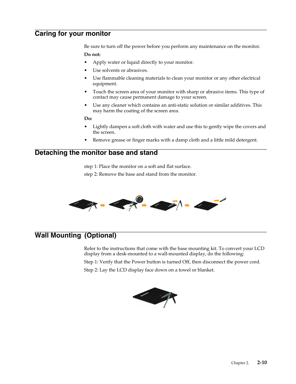 Caring for your monitor, Detaching the monitor base and stand, Wall mounting (optional) | Caring for your monitor -9, Detaching the monitor base and stand -9, Wall mounting | Lenovo LI2721s Wide Flat Panel Monitor User Manual | Page 21 / 32