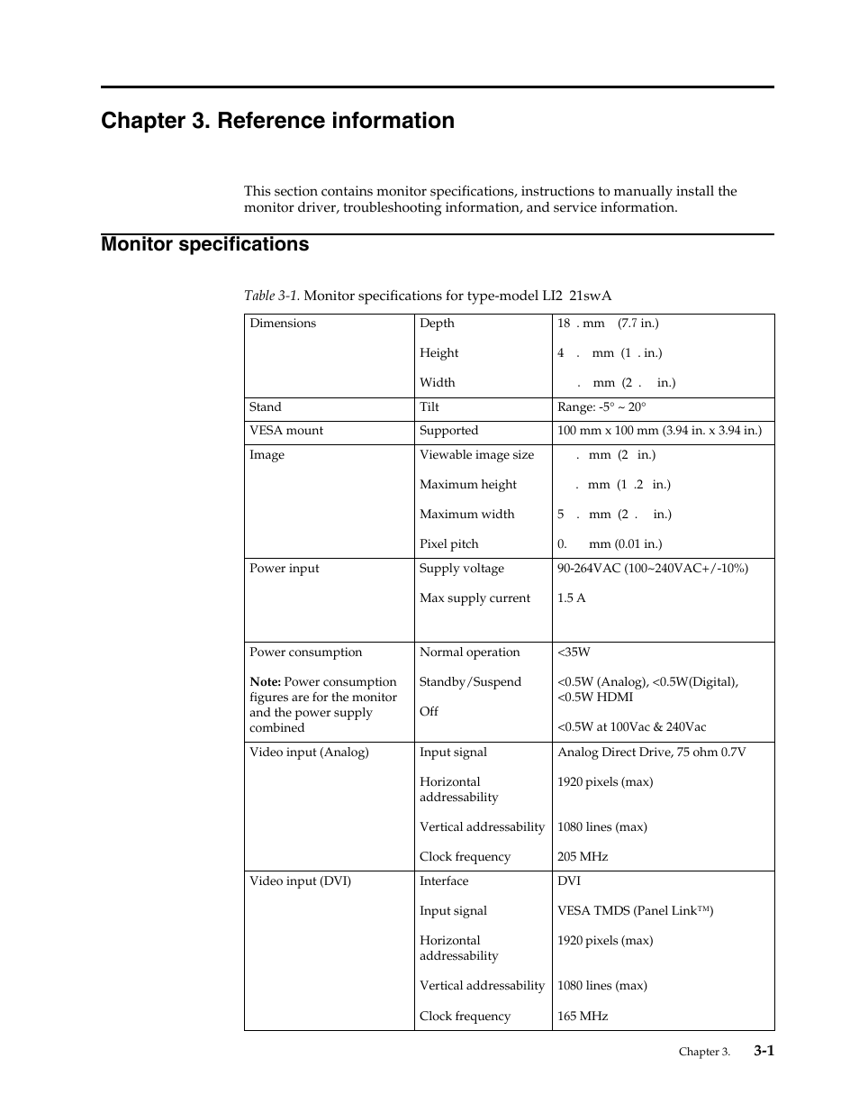 Chapter 3. reference information, Monitor specifications, Chapter 3 | Refe, Monitor specifications -1 | Lenovo LI2721s Wide Flat Panel Monitor User Manual | Page 23 / 32