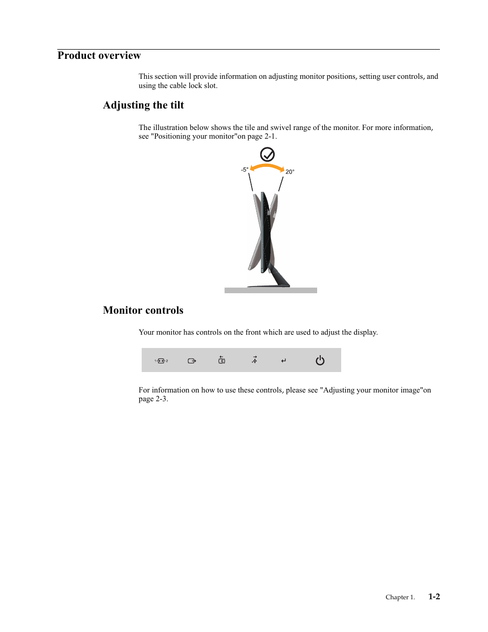 Product overview, Adjusting the tilt, Monitor controls | Product overview -2, Adjusting the tilt -2, Monitor controls -2 | Lenovo LI2721s Wide Flat Panel Monitor User Manual | Page 6 / 32