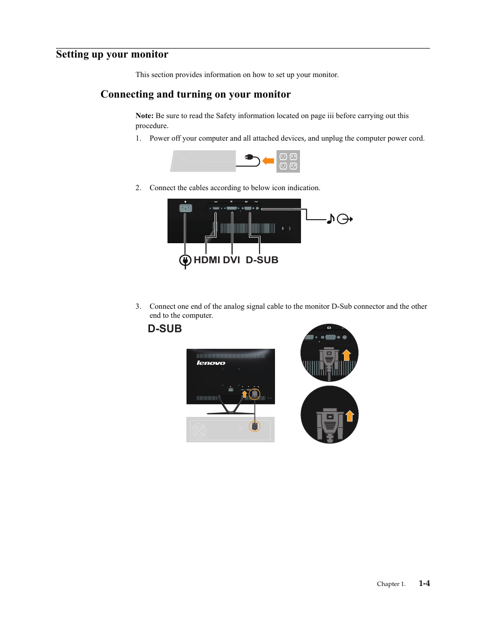 Setting up your monitor, Connecting and turning on your monitor, Setting up your monitor -4 | Connecting and turning on your monitor -4, D-sub | Lenovo LI2721s Wide Flat Panel Monitor User Manual | Page 8 / 32