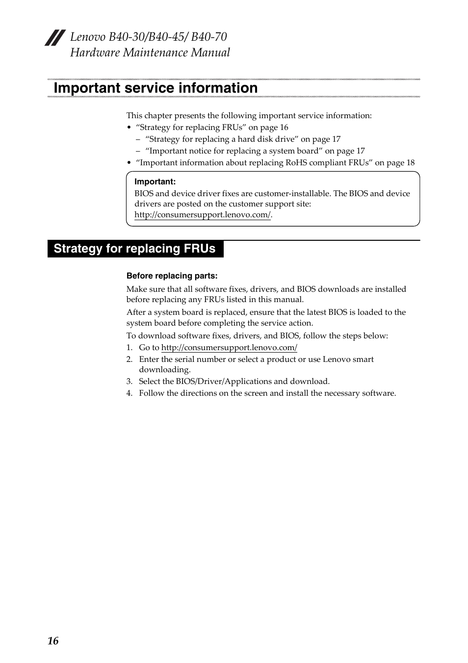 Important service information, Strategy for replacing frus | Lenovo B40-30 Notebook User Manual | Page 20 / 85