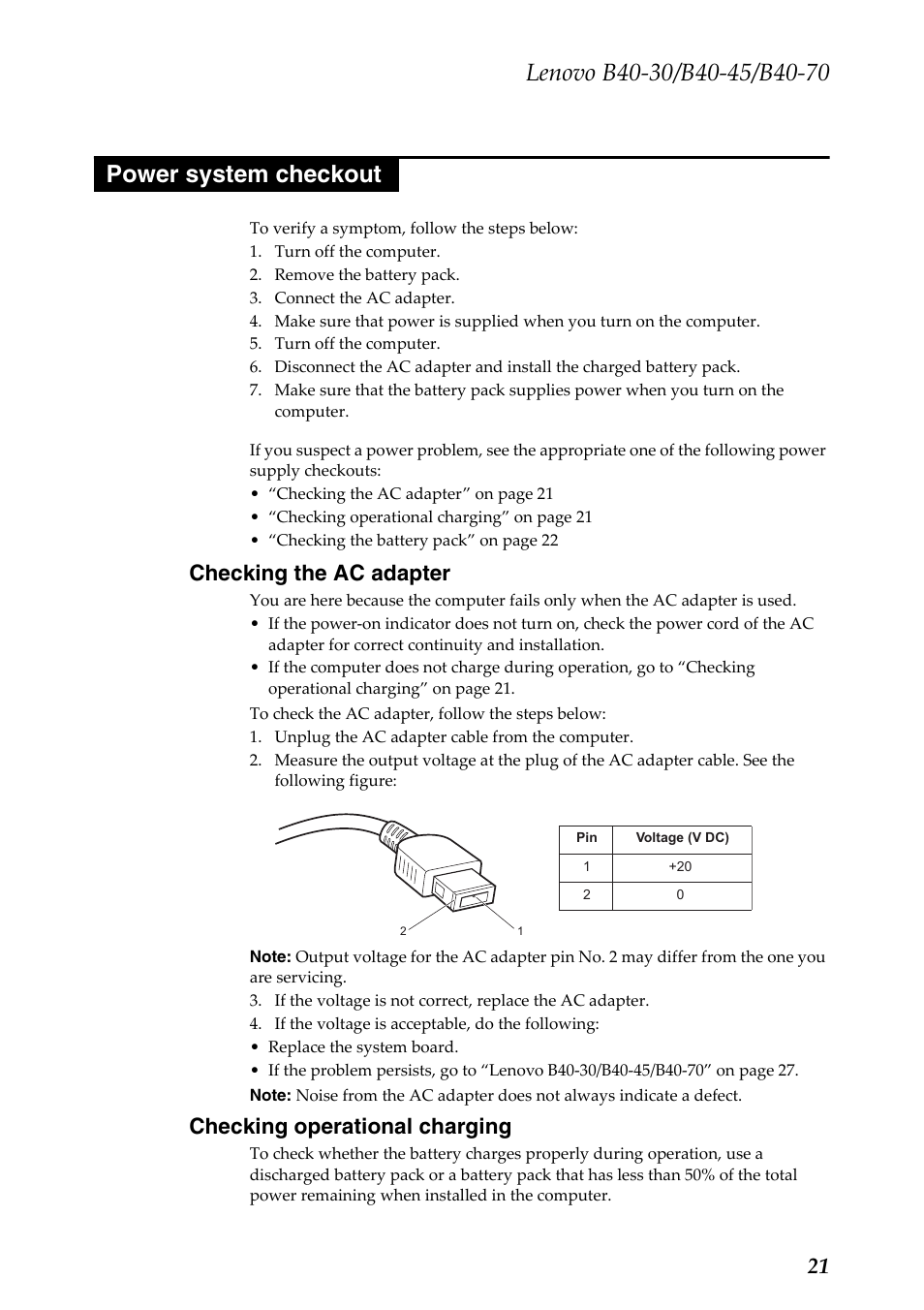 Power system checkout, Checking the ac adapter, Checking operational charging | Lenovo B40-30 Notebook User Manual | Page 25 / 85
