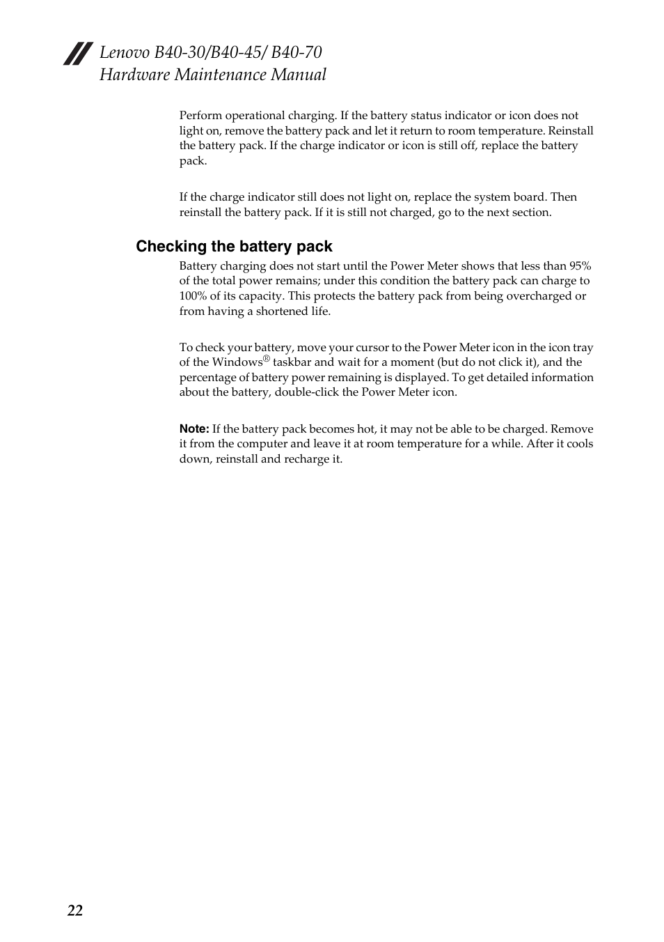 Checking the battery pack | Lenovo B40-30 Notebook User Manual | Page 26 / 85