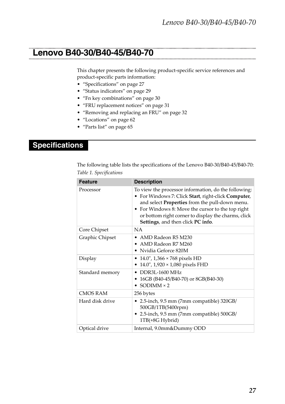 Lenovo b40-30/b40-45/b40-70, Specifications, Lenovo b40-30/b40-45/b40-70 specifications | Lenovo B40-30 Notebook User Manual | Page 31 / 85