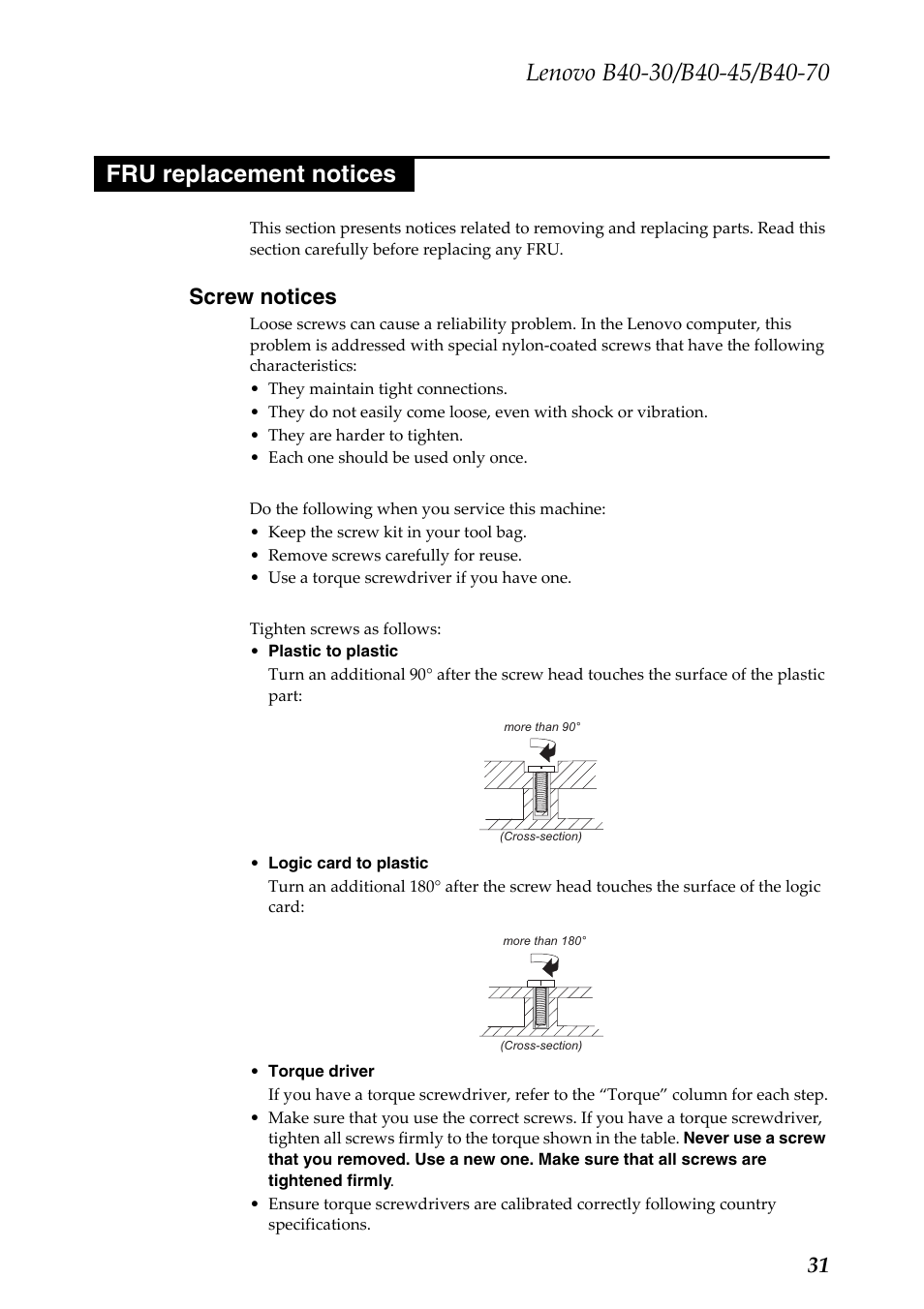 Fru replacement notices, Screw notices | Lenovo B40-30 Notebook User Manual | Page 35 / 85