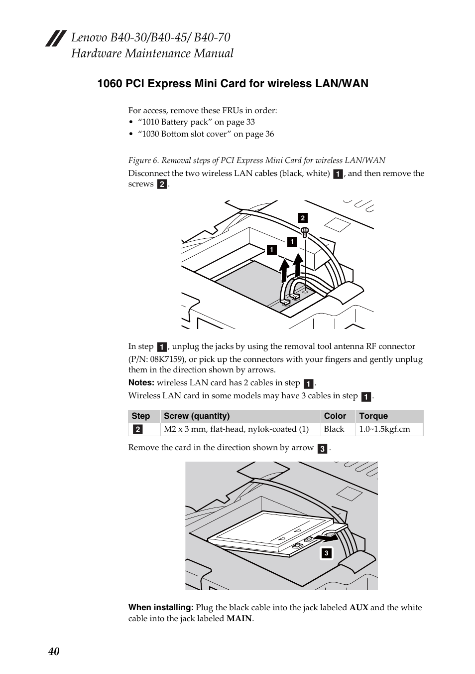 1060 pci express mini card for wireless lan/wan | Lenovo B40-30 Notebook User Manual | Page 44 / 85