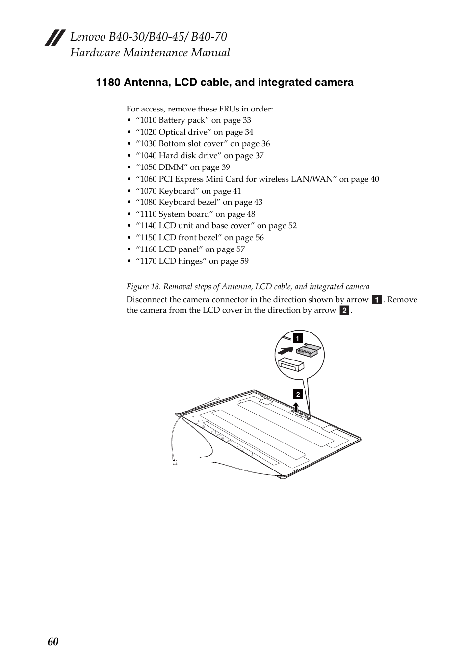 1180 antenna, lcd cable, and integrated camera | Lenovo B40-30 Notebook User Manual | Page 64 / 85