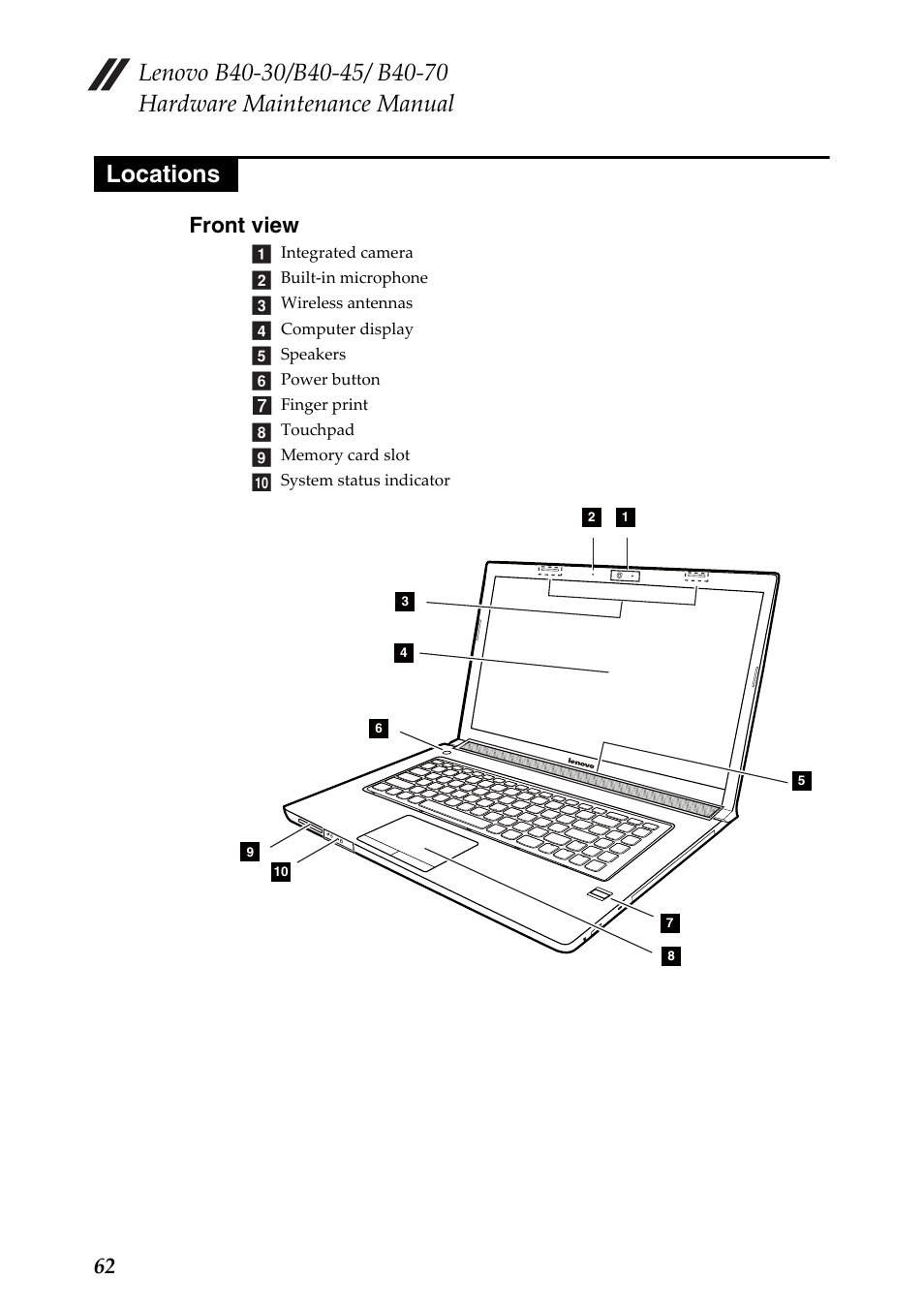 Locations, Front view, 62 front view | Lenovo B40-30 Notebook User Manual | Page 66 / 85