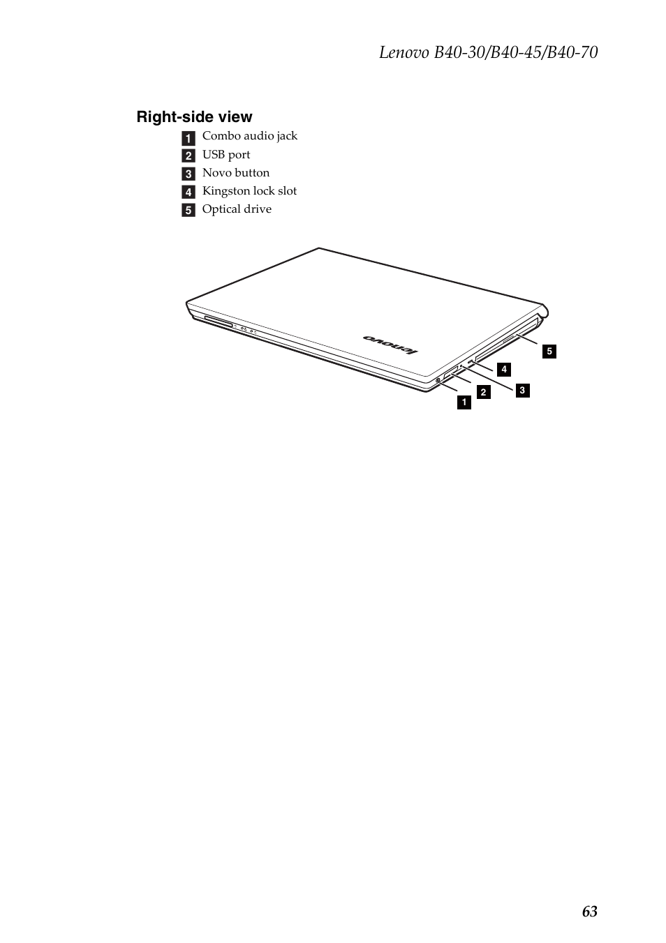 Right-side view, Right‐side view, 63 right-side view | Lenovo B40-30 Notebook User Manual | Page 67 / 85