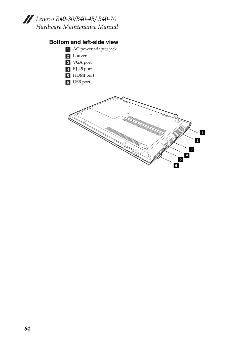 Bottom and left-side view, Bottom and left‐side view, 64 bottom and left-side view | Lenovo B40-30 Notebook User Manual | Page 68 / 85