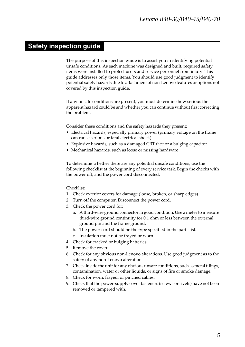 Safety inspection guide | Lenovo B40-30 Notebook User Manual | Page 9 / 85