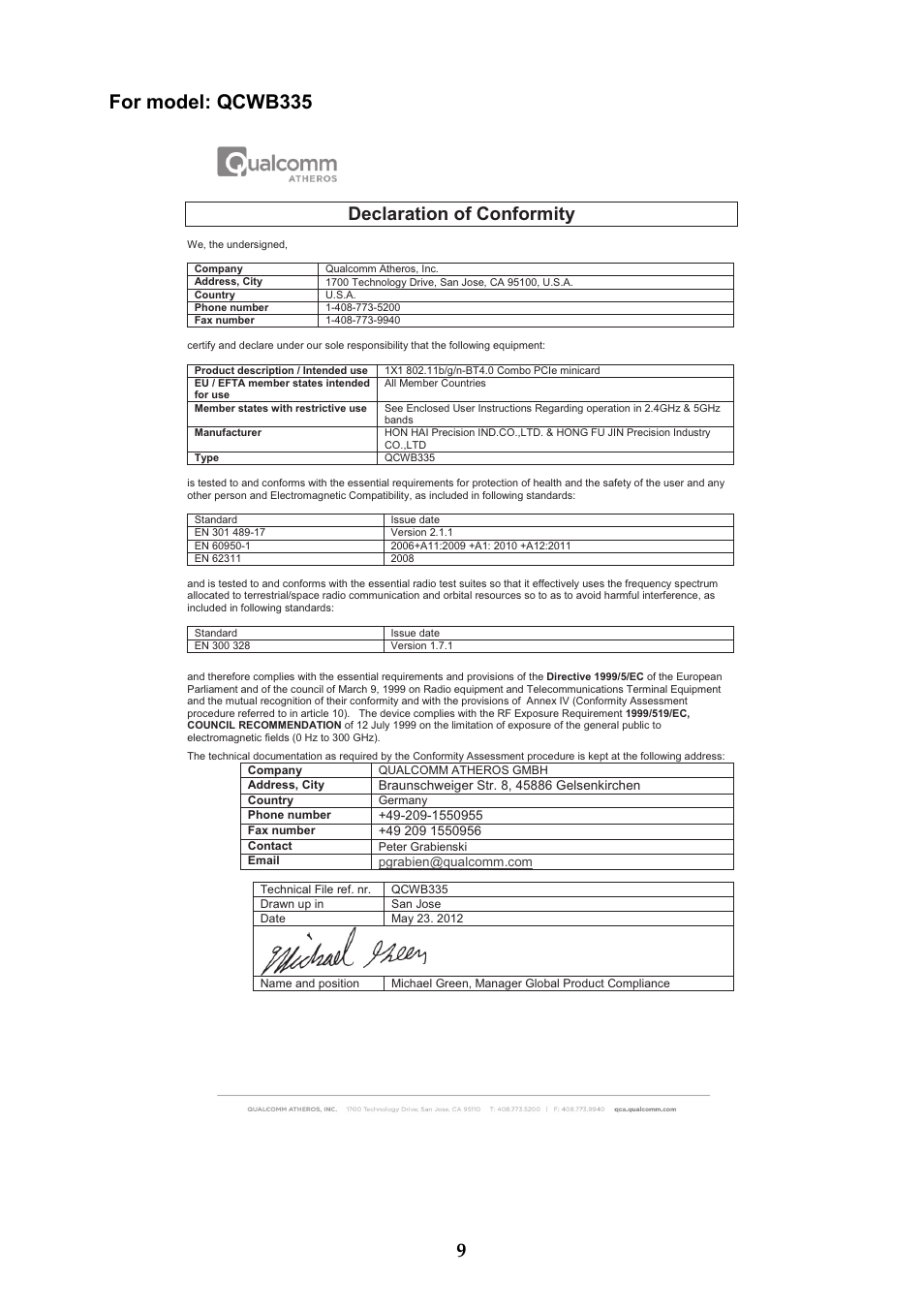 9for model: qcwb335, Declaration of conformity | Lenovo IdeaPad S410p Touch Notebook User Manual | Page 9 / 12