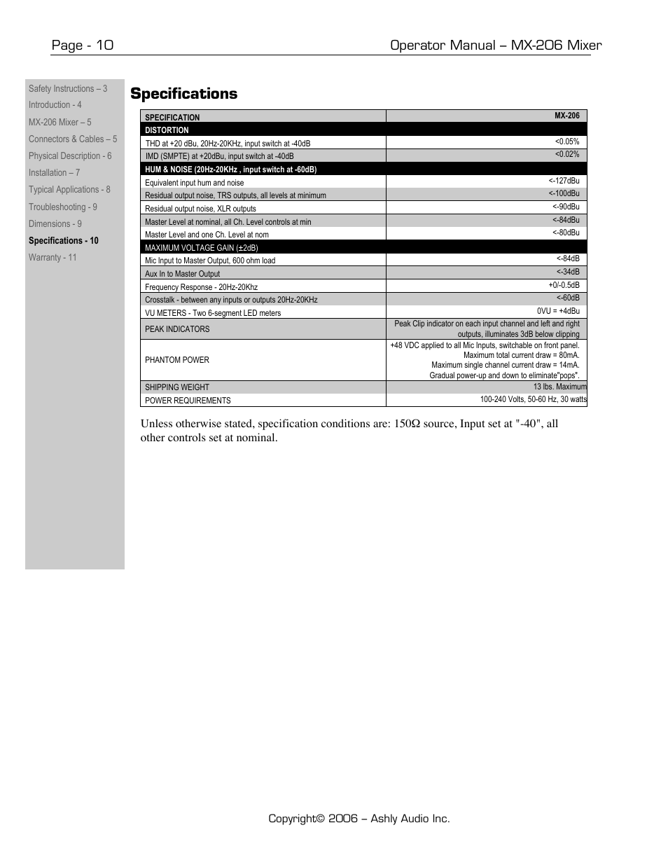 Specifications | Ashly MX-206 User Manual | Page 10 / 12