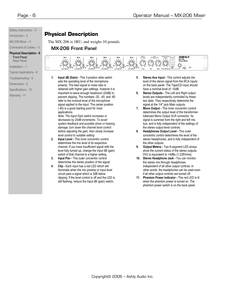 Physical description, Page - 6 operator manual – mx-206 mixer, Mx-206 front panel | Ashly MX-206 User Manual | Page 6 / 12