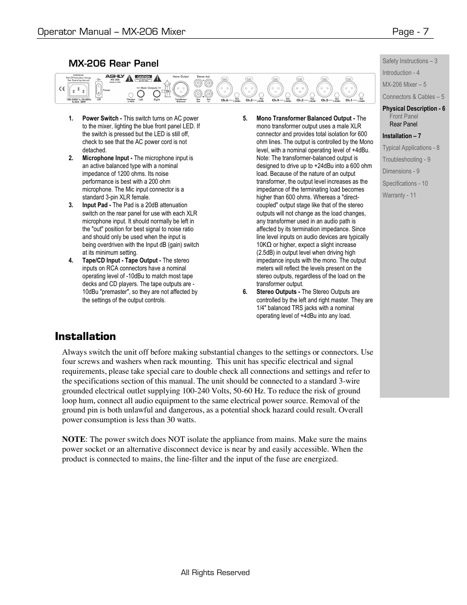 Installation, Operator manual – mx-206 mixer page - 7, Mx-206 rear panel | Ashly MX-206 User Manual | Page 7 / 12