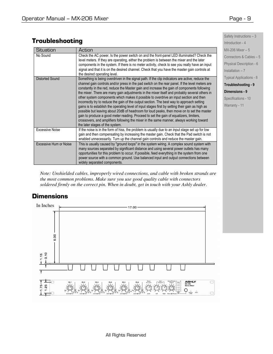 Troubleshooting, Dimensions, Operator manual – mx-206 mixer page - 9 | Ashly MX-206 User Manual | Page 9 / 12