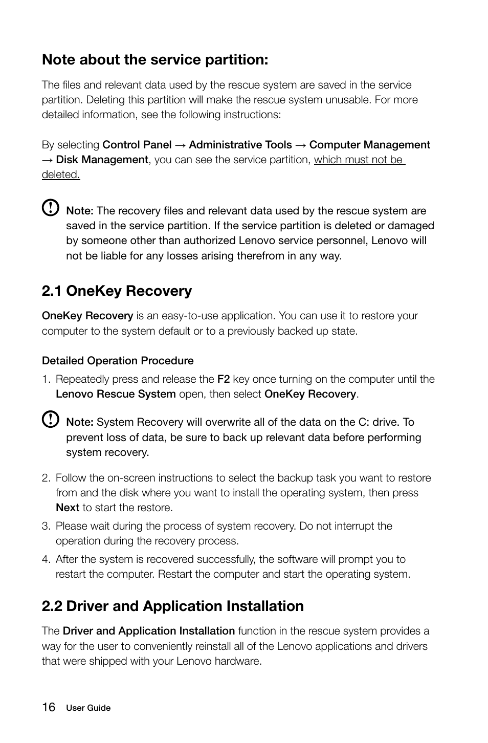 1 onekey recovery, 2 driver and application installation | Lenovo H415 Desktop User Manual | Page 21 / 33