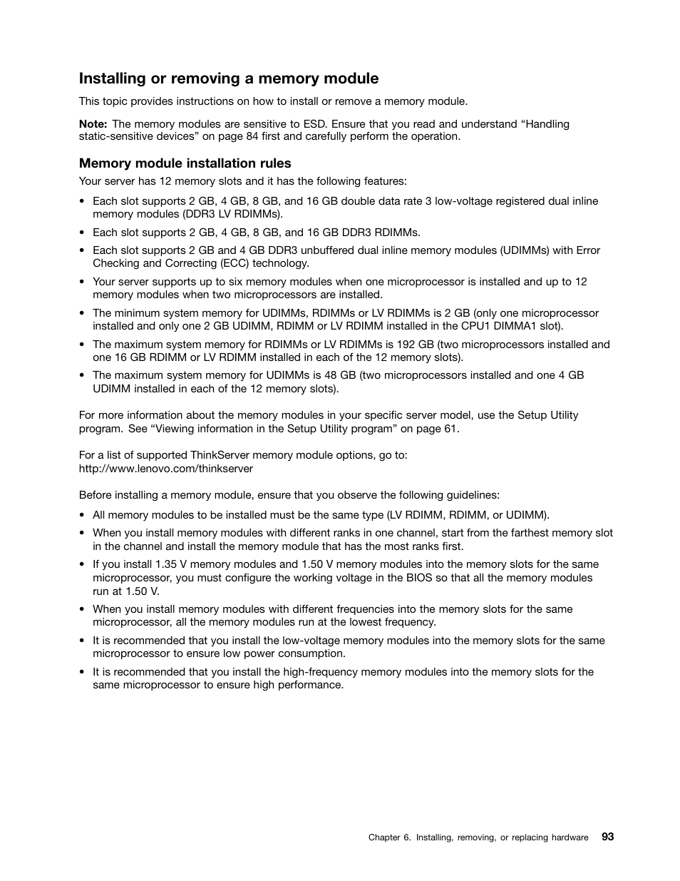 Installing or removing a memory module | Lenovo ThinkServer TD340 User Manual | Page 105 / 246