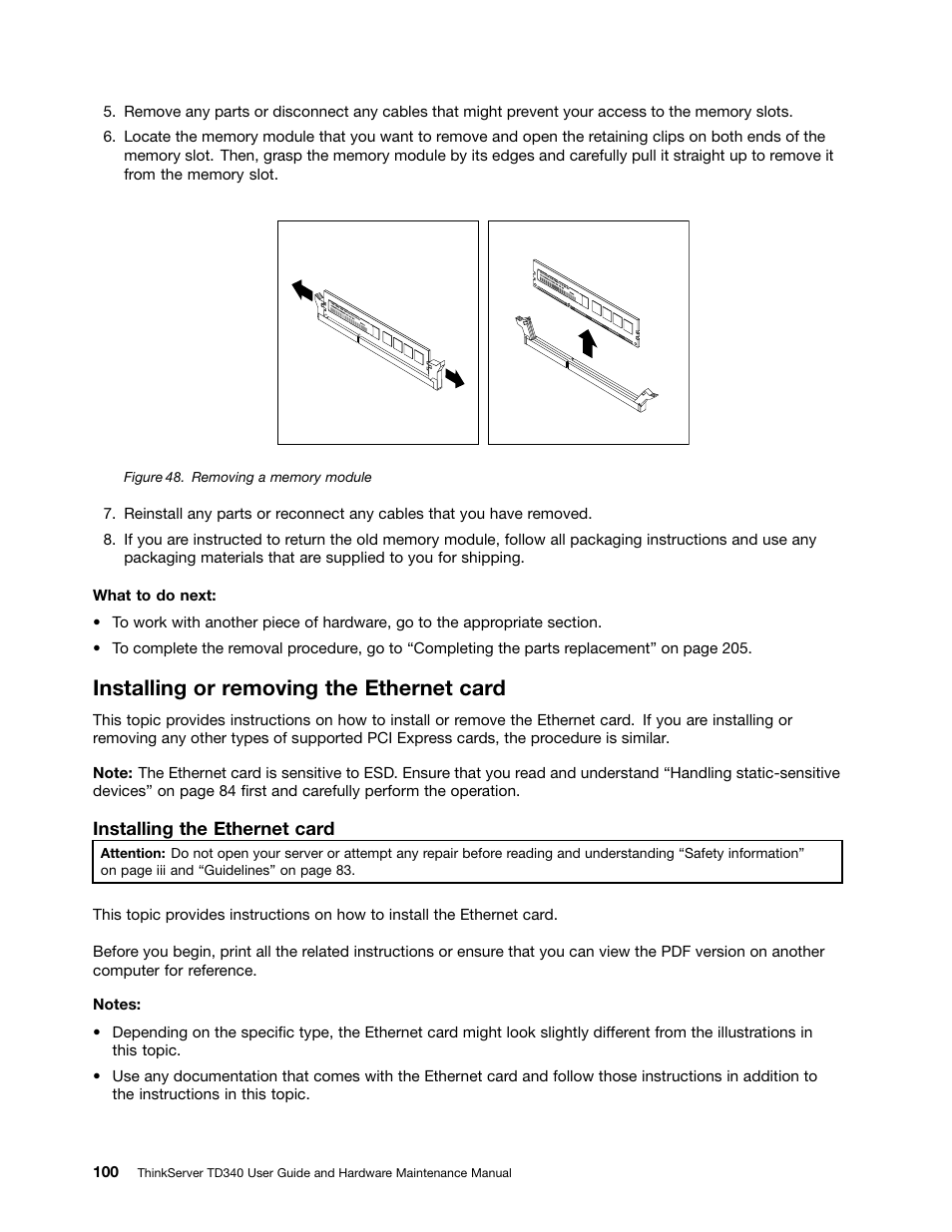 Installing or removing the ethernet card | Lenovo ThinkServer TD340 User Manual | Page 112 / 246