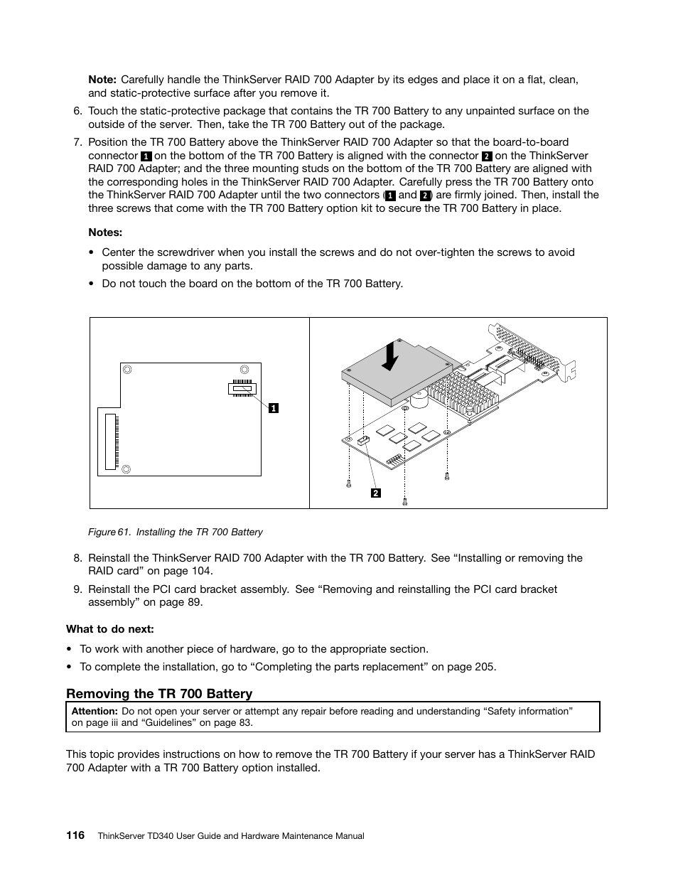 Removing the tr 700 battery | Lenovo ThinkServer TD340 User Manual | Page 128 / 246