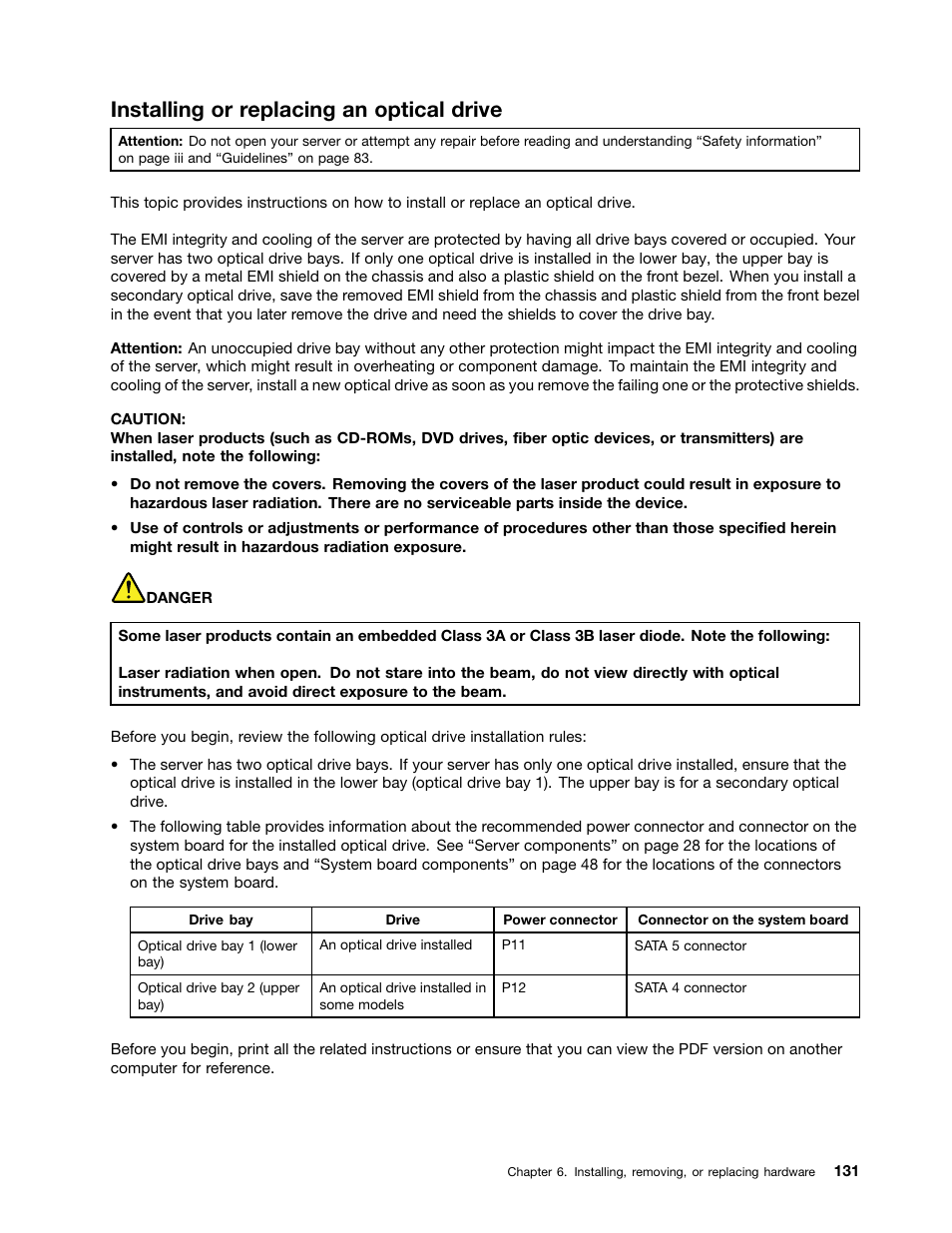 Installing or replacing an optical drive | Lenovo ThinkServer TD340 User Manual | Page 143 / 246