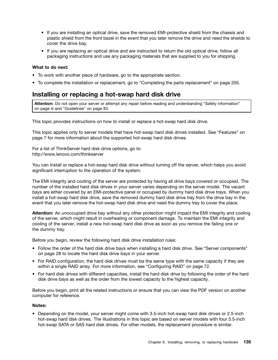 Installing or replacing a hot-swap hard disk drive | Lenovo ThinkServer TD340 User Manual | Page 147 / 246