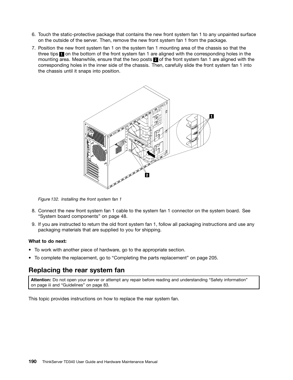 Replacing the rear system fan | Lenovo ThinkServer TD340 User Manual | Page 202 / 246