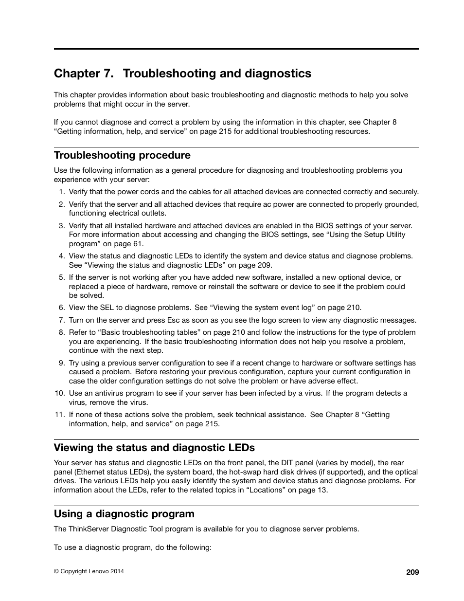 Chapter 7. troubleshooting and diagnostics, Troubleshooting procedure, Viewing the status and diagnostic leds | Using a diagnostic program | Lenovo ThinkServer TD340 User Manual | Page 221 / 246