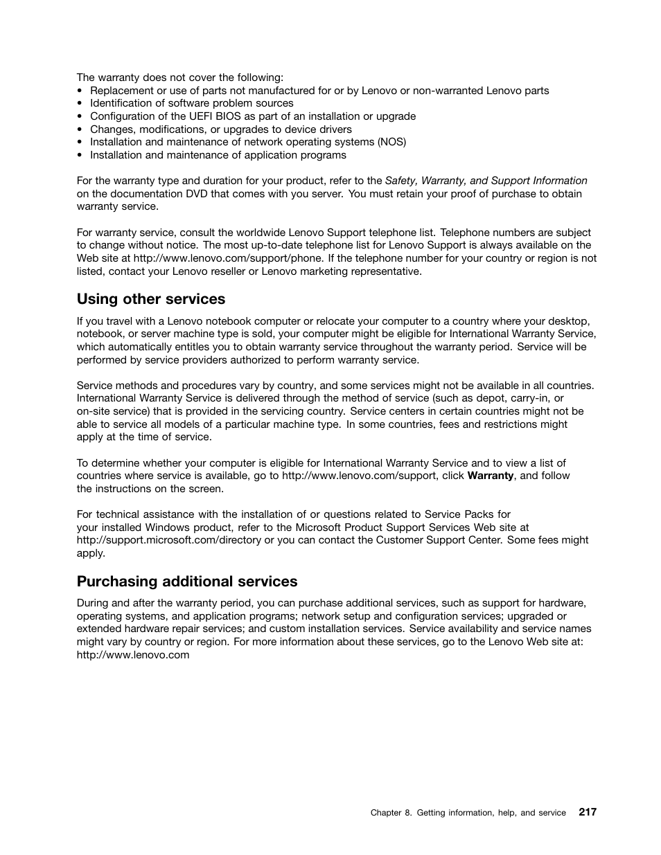 Using other services, Purchasing additional services | Lenovo ThinkServer TD340 User Manual | Page 229 / 246