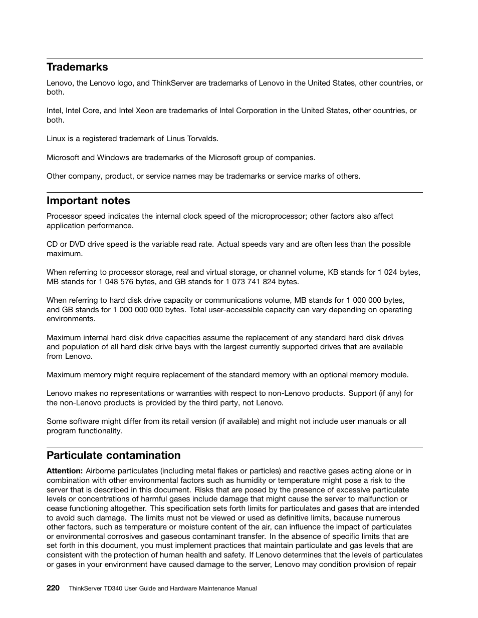Trademarks, Important notes, Particulate contamination | Lenovo ThinkServer TD340 User Manual | Page 232 / 246