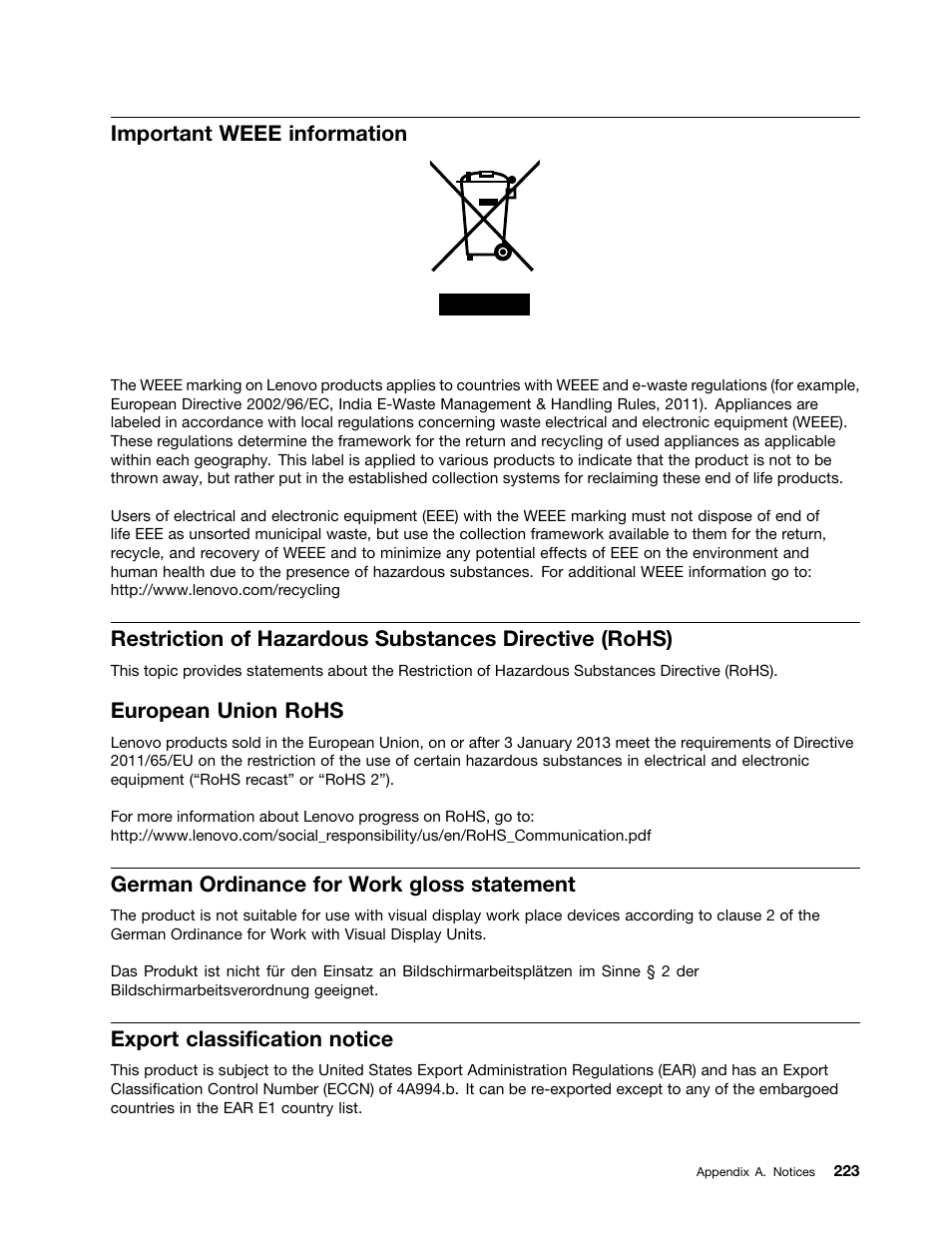 Important weee information, European union rohs, German ordinance for work gloss statement | Export classification notice | Lenovo ThinkServer TD340 User Manual | Page 235 / 246